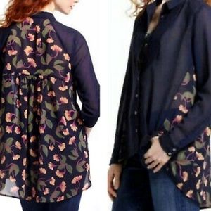 Anthropologie Maeve Ira Dark Blue Pleated Sheer Blouse Floral Button Down